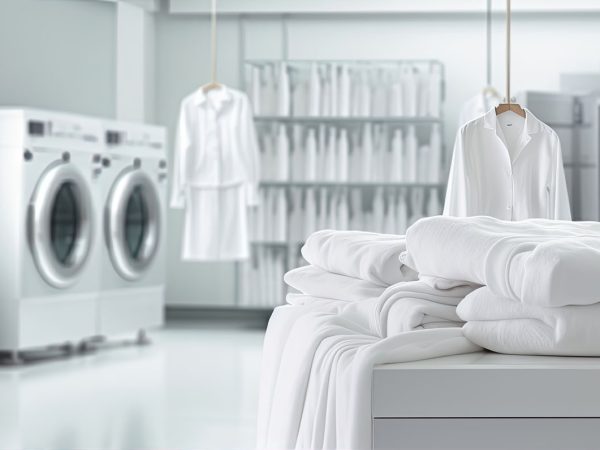 lanudry room full newly washed white clothes. banner